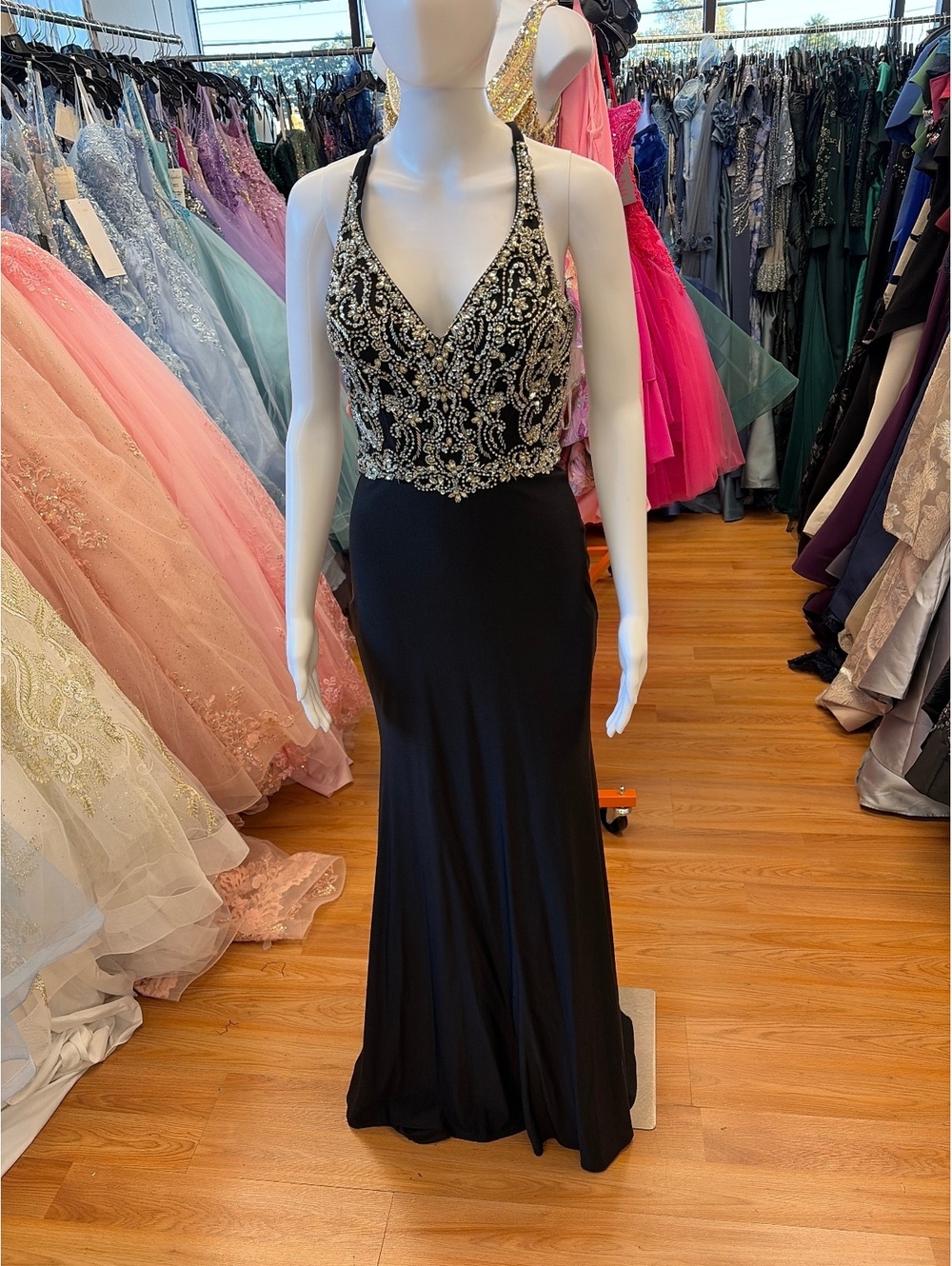 Black long stretch jersey prom dress size 2 silver beading